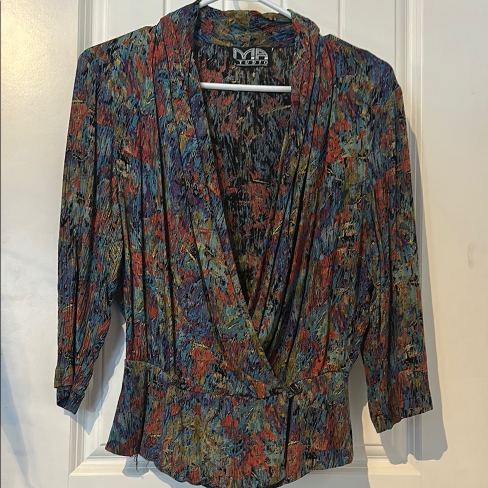 JM Collection Blue and Orange Plunge V-Neck Blouse